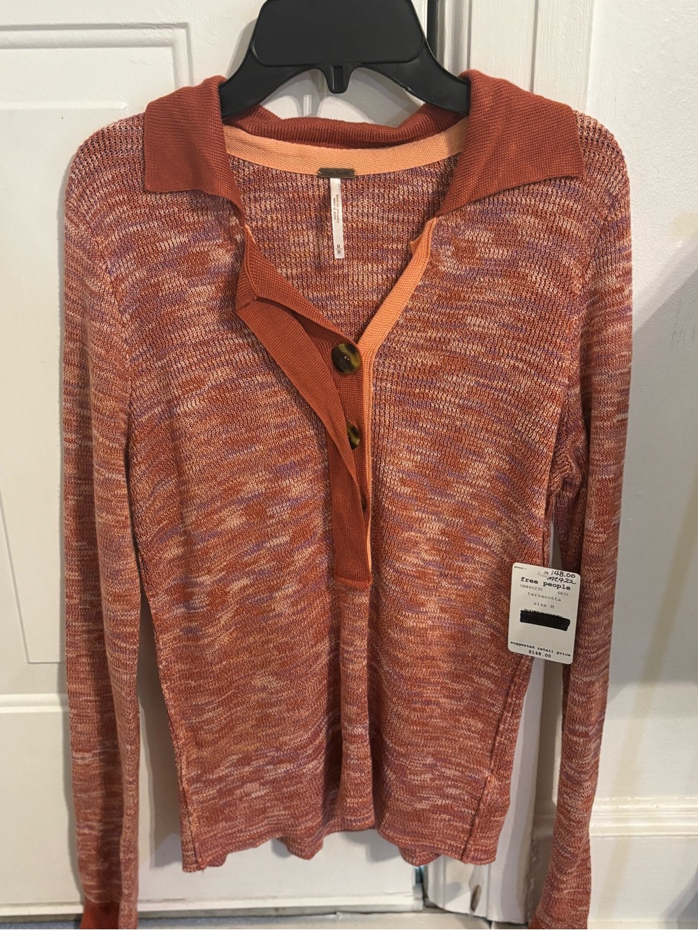 Free People Rust and Peach Marled V-Neck Polo Sweater